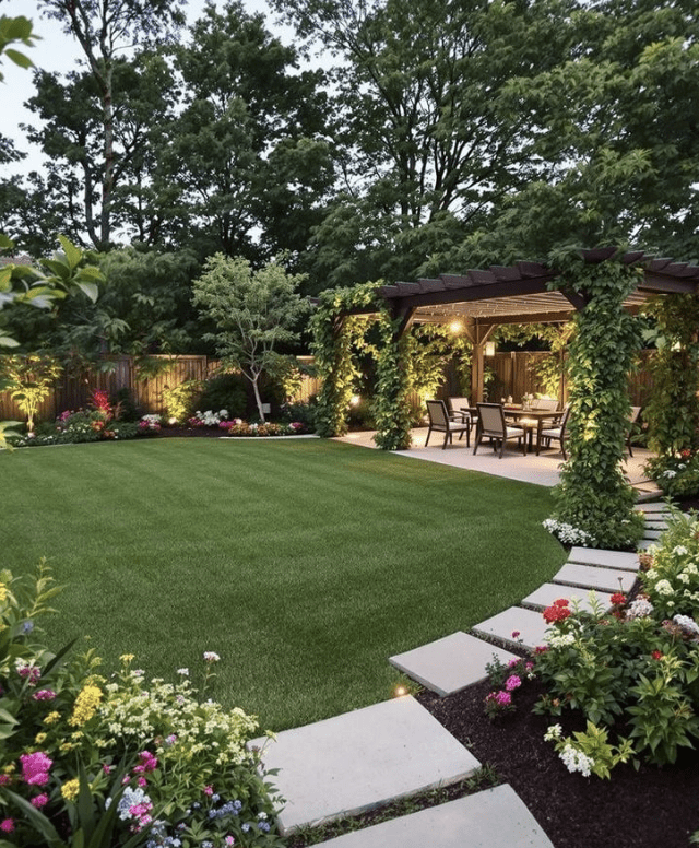 A beautifully landscaped garden with stone paths, colorful flowers, and a wooden pergola sheltering a dining set, surrounded by lush greenery.